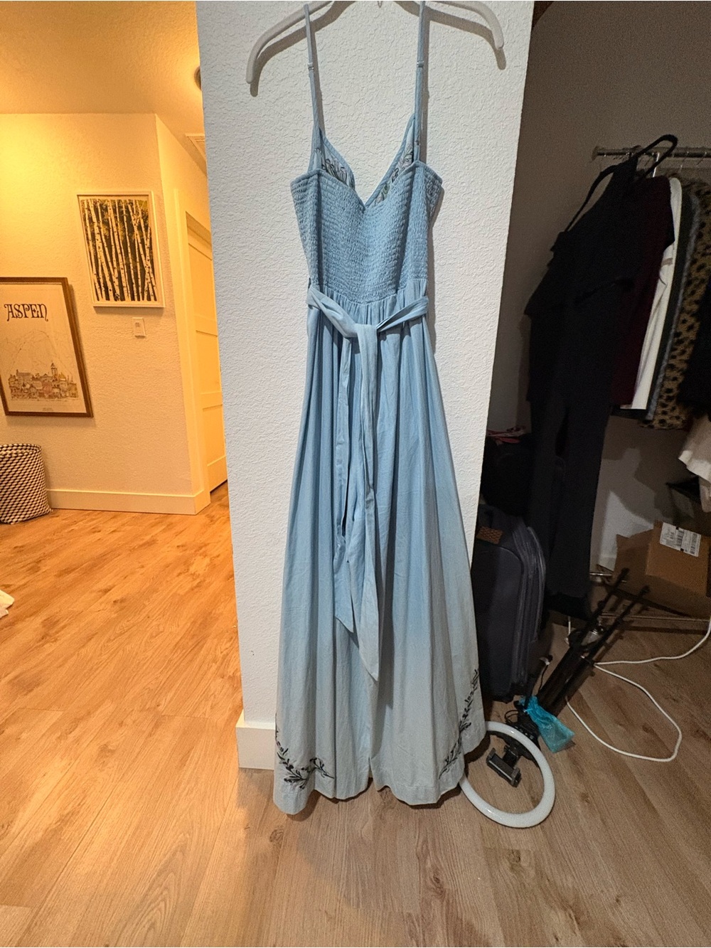Light Blue floral stitching Smocked Jumpsuit with Tie Waist